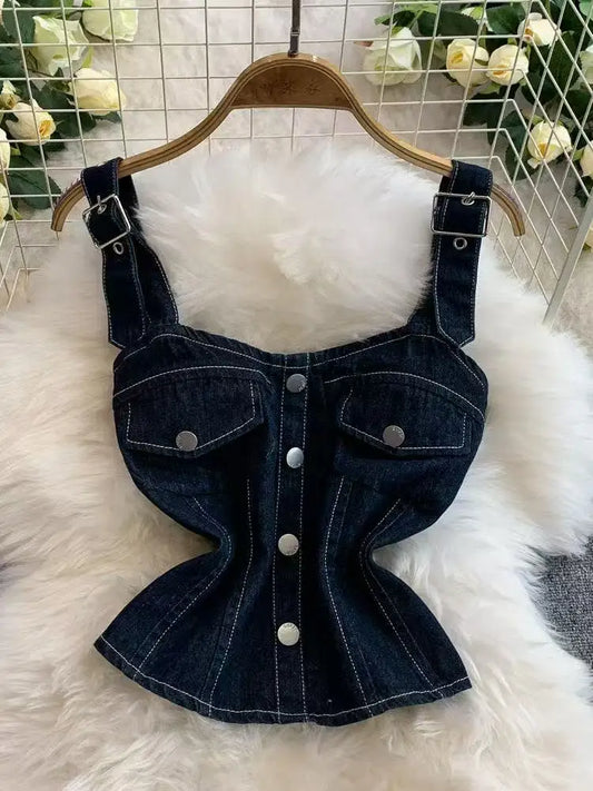 Rétro jarretelle Spice Girl hauts jean deux pièces Sexy coréen gilet costume été mode américaine haute rue pantalon à jambes larges