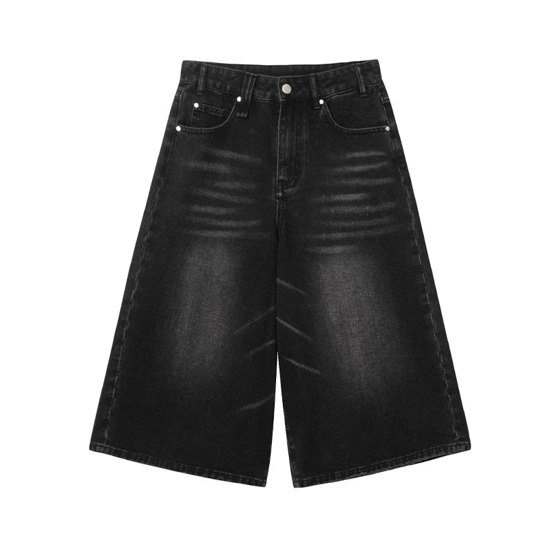 ReddaChic-Short en Denim pour Homme, Baggy Brossé, Vintage, Noir, Bord Brut, Décontracté, Y2k, Hip Hop, Jambes Larges