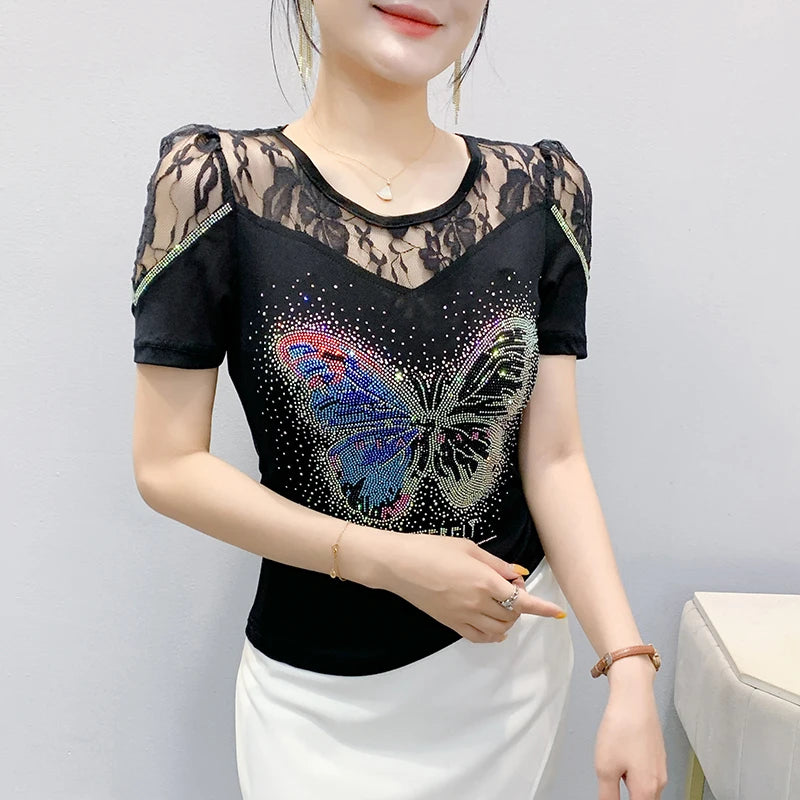 Été nouvelle mode maille T-shirt Chic luxe papillon chaud diamant T-shirt élégant dentelle Patchwork à manches courtes mince haut pour femme