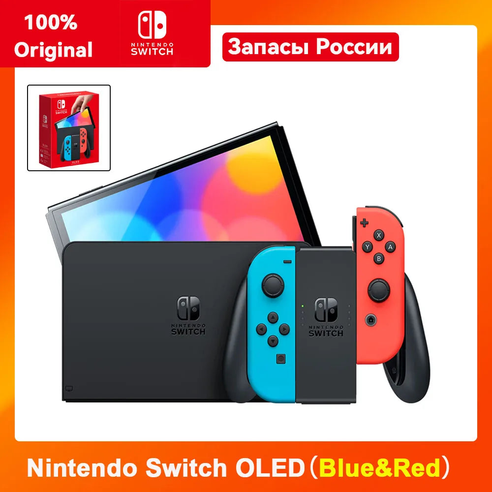 Console de jeu vidéo OLED Nintendo Switch avec Joy Con, écran OLED de 7 pouces, Support TV de table portable, ensemble blanc/bleu rouge de 64 go
