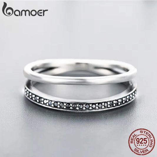 Bamoer véritable 925 en argent Sterling Double cercle noir clair CZ empilable bague pour les femmes en argent fin bijoux cadeau SCR082