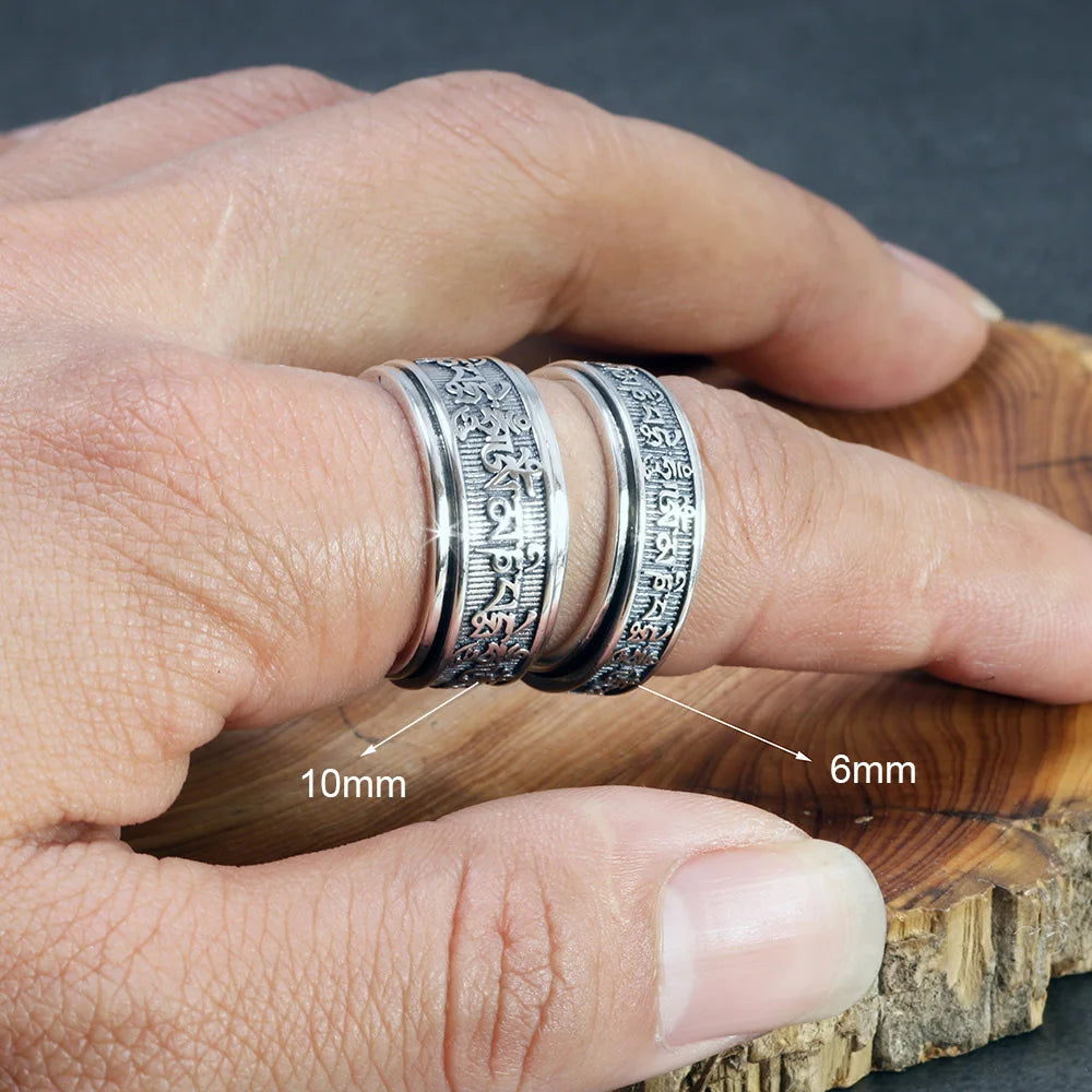 Bagues Vintage en argent Sterling 925 véritable pour hommes, bagues tibétaines rotatives à Six mots Mantra Om Mani Padme Hum, bijoux bouddhistes