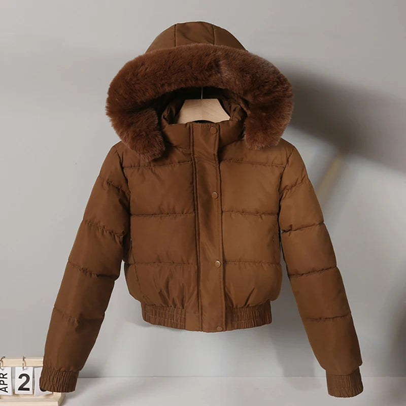 sister fara Doudoune à capuche en coton pour femme, grand col en fourrure
