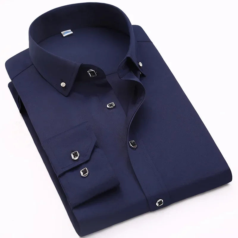 Chemise habillée de luxe pour hommes, bouton en diamant, couleur unie, décontractée, coupe Standard, confortable, douce, manches longues, vêtements pour hommes
