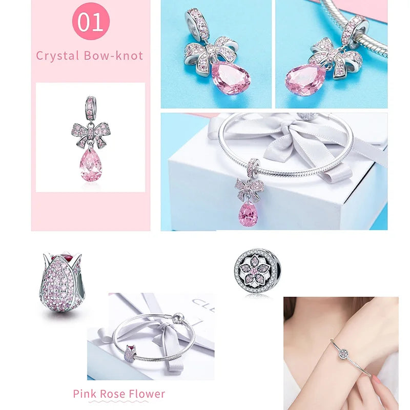 WOSTU 100% 925 argent Sterling rose Zircon cristal perles creux sculpté breloque pour la fabrication de bijoux ajustement Original Bracelet pendentif