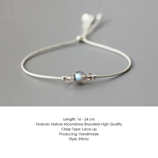 Bracelet en pierre de lune fait à la main, corde fine avec cristal naturel, perles en argent Sterling 925, Bracelets personnalisés pour femmes