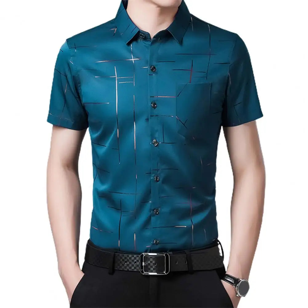 Chemise Soyeuse à Manches Courtes pour Homme, Tenue d'Affaires, Col Rabattu, Décontractée