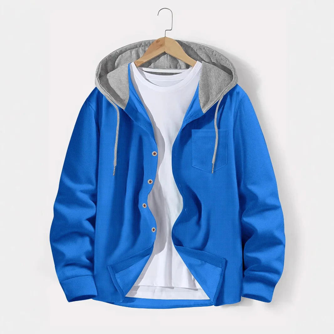 2025 printemps et automne hommes gaufre treillis couleur boutonnage à capuche cardigan décontracté manteau nouvelle mode lâche sports de plein air haut pour hommes