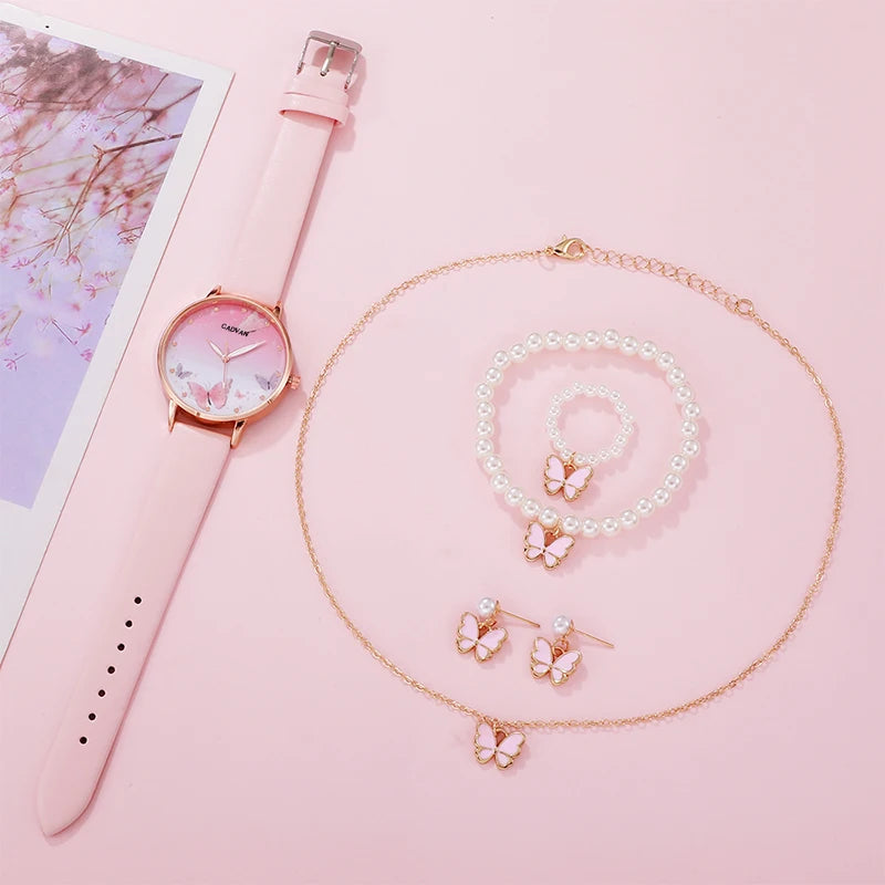 Montre à quartz avec cadran papillon rose pour femme, montre-bracelet en cuir pour femme, design de marque de luxe, mode féminine, ensemble de 6 pièces