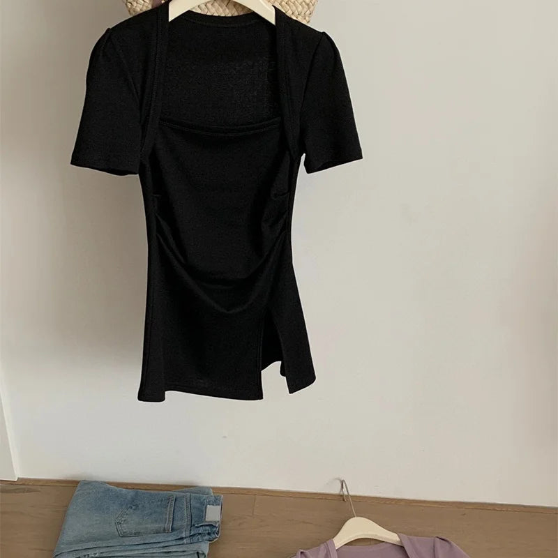 T-shirt à col carré pour femmes, style coréen, sexy, slim, vêtements basiques