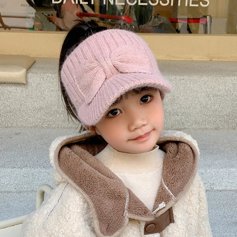 Chapeau en laine pour Protection des oreilles, haut vide, avec nœud pour bébé fille, tricoté en bec de canard, pour enfants de 3 à 10 ans, couvre-oreilles chauds d'hiver, bonnets pour enfants