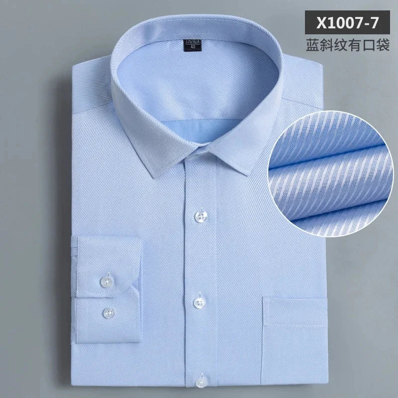 Nouveau coton hommes classique à manches longues robe chemise poche régulière coupe formelle affaires travail bureau décontracté bouton blanc chemises sociales