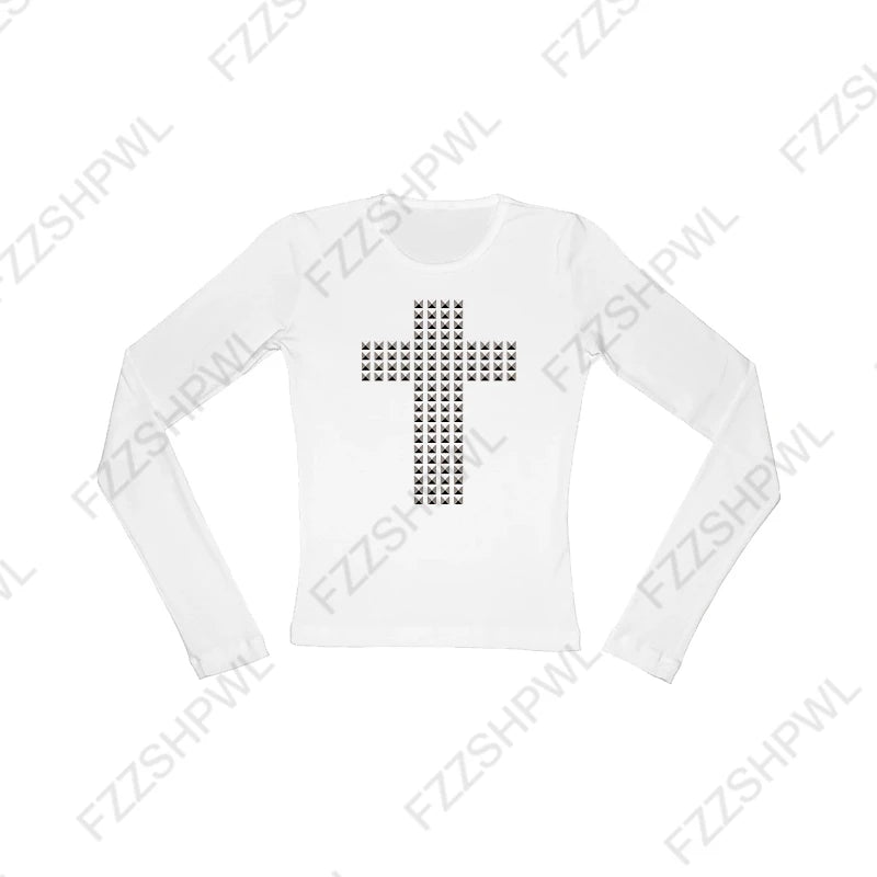 Y2K gothique esthétique femmes col incliné à manches longues T-Shirt Sexy mince Chic haut court Harajuku Rock Punk Hip Hop Hottie Streetwear