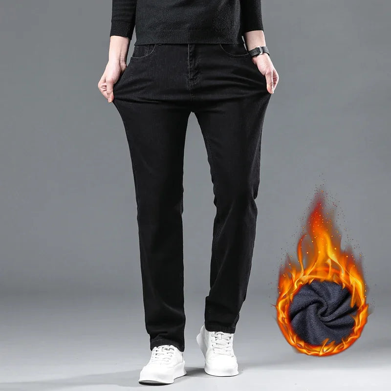 2025 nouveaux hommes d'hiver noir droit Stretch Denim épais velours pantalon chaud jean décontracté polaire ligne pantalon mâle grande taille