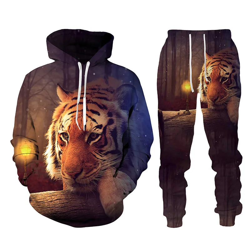 Ensemble de survêtement imprimé tigre animal 3D pour hommes, sweat à capuche et pantalon décontractés, streetwear à la mode, vêtements trempés, automne, hiver, 2 pièces