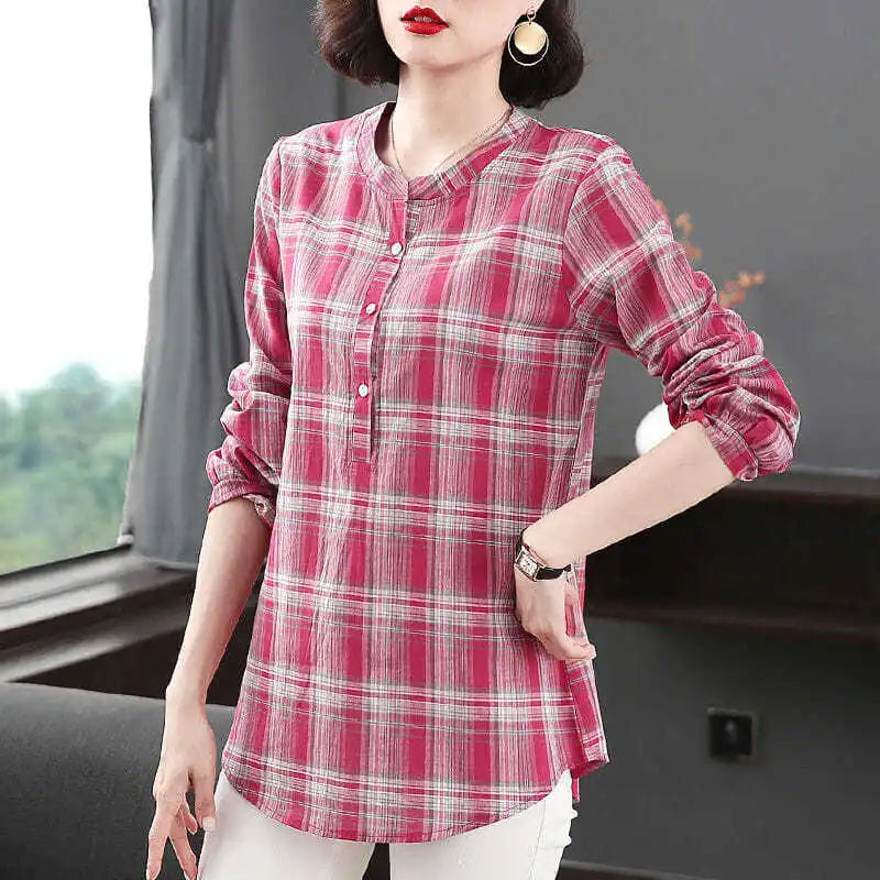 Chemise à carreaux à col rond pour femmes, vêtements d'été, Vintage, décontracté, manches 3/4, boutons épissés, pulls, chemisiers