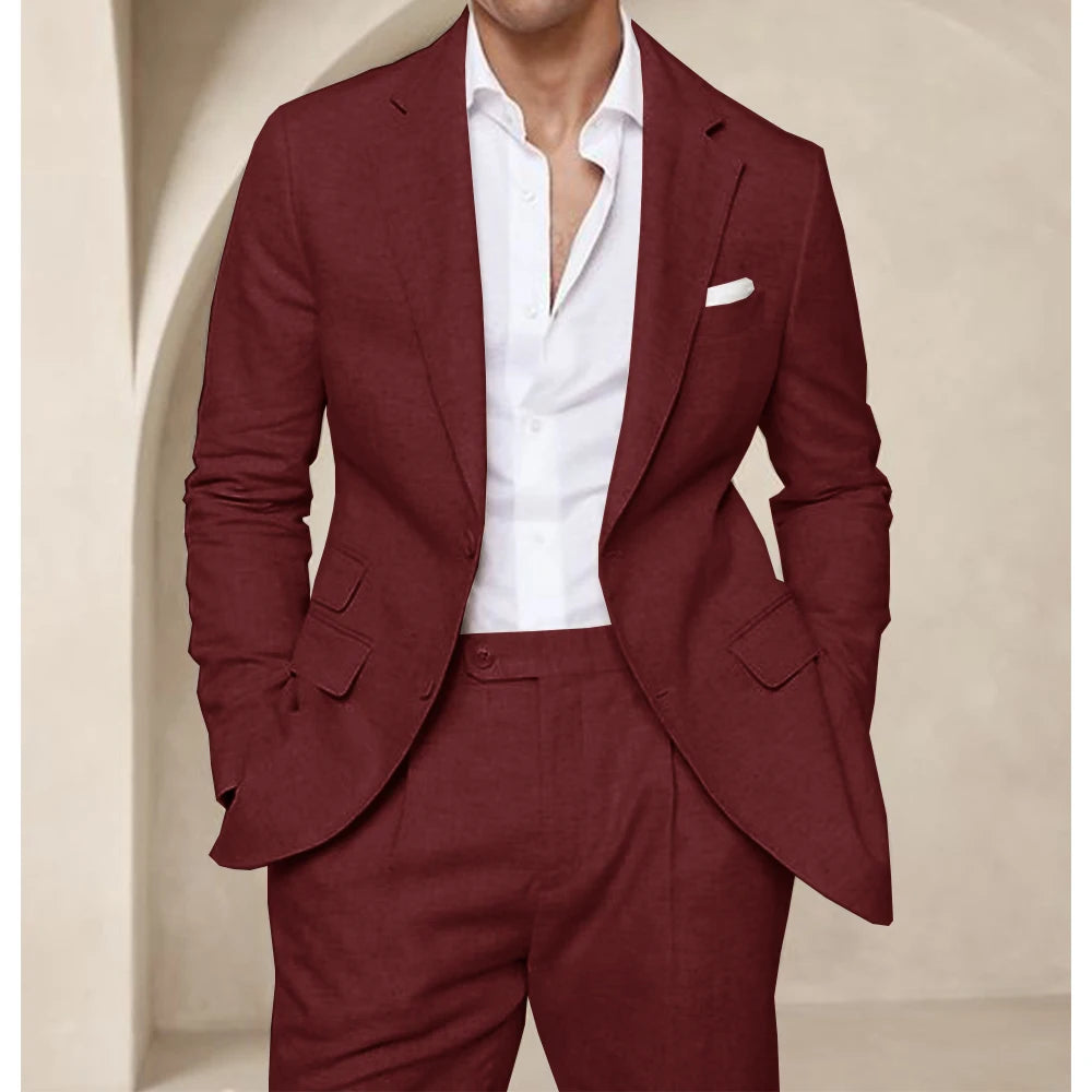 Costume deux pièces en lin pour hommes, Cool, respirant, élégant, mode, Design Slim, robe de mariée, vêtements de travail, confortable, nouveau, été