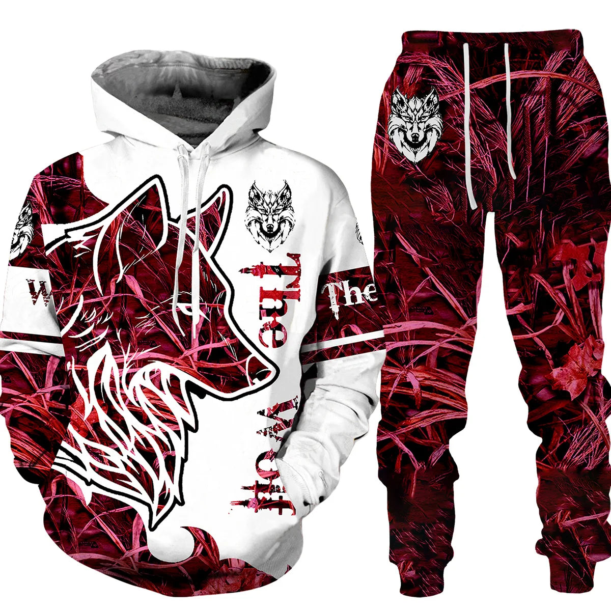 Ensemble de pantalons de survêtement et sweat à capuche College en 3D pour hommes, survêtement surdimensionné, streetwear imbibé, vêtements de sport, motif animal loup, hiver, automne