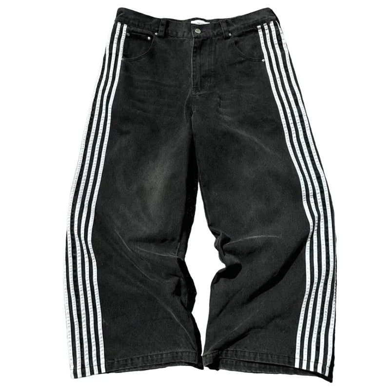 Hip Hop hommes jean Y2k noir rayé Baggy jean gothique brodé haute rue Harajuku rétro Streetwear jambe large Denim pantalon