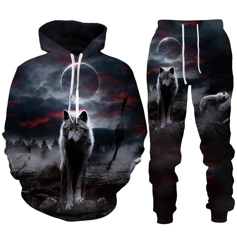 Ensemble de survêtement imprimé 3D pour hommes et femmes, sweat à capuche Cool Forest Wolf, pantalon imbibé, tenues de couple Hip Hop, personnalité High Streetwear, mode