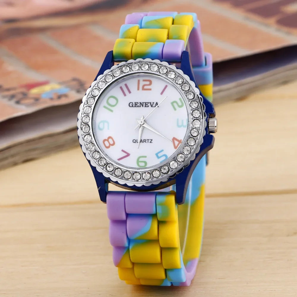 Montres de luxe pour femmes, arc-en-ciel, diamant, quartz, silicone, étanche,