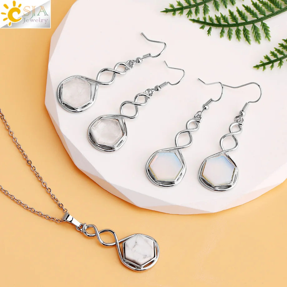 CSAlbaneParure de bijoux en pierre naturelle pour femme, boucles d'oreilles, collier, hexagone, pendentif en cristal, acier inoxydable, accessoires de bijoux, H577