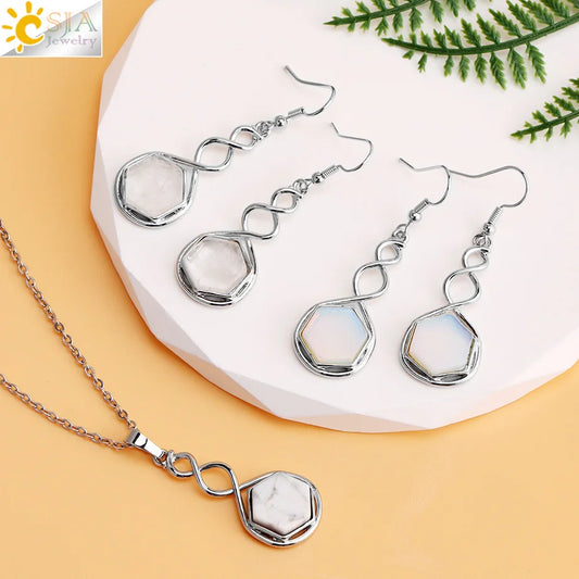 CSAlbaneParure de bijoux en pierre naturelle pour femme, boucles d'oreilles, collier, hexagone, pendentif en cristal, acier inoxydable, accessoires de bijoux, H577