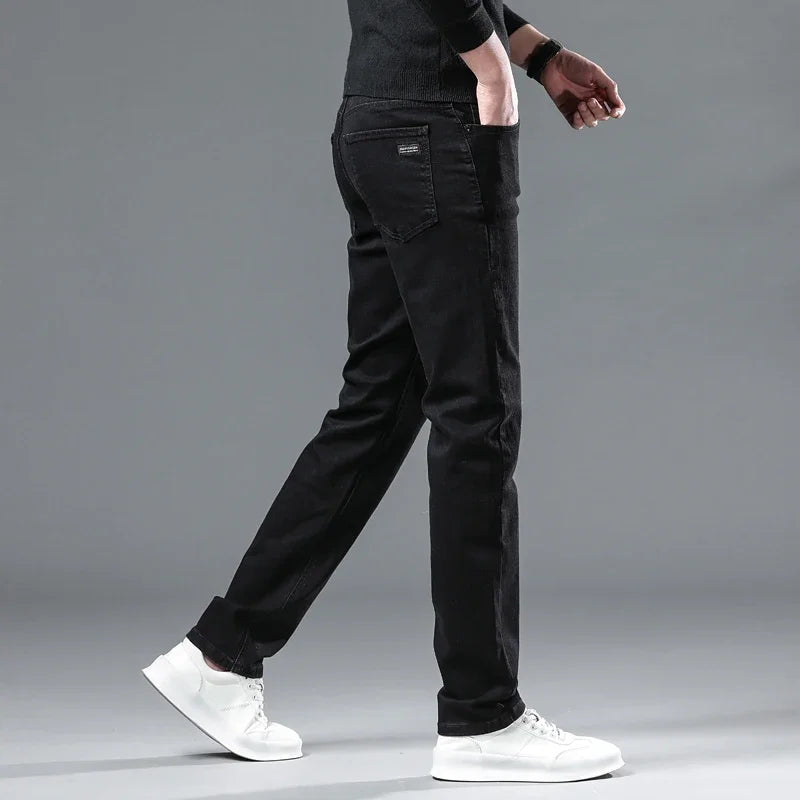 2025 nouveaux hommes d'hiver noir droit Stretch Denim épais velours pantalon chaud jean décontracté polaire ligne pantalon mâle grande taille