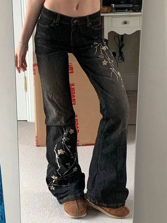 Jean Vintage brodé de fleurs Y2k années 2000, jean évasé taille basse, Baggy d'été pour femmes, mode Streetwear, pantalon en Denim