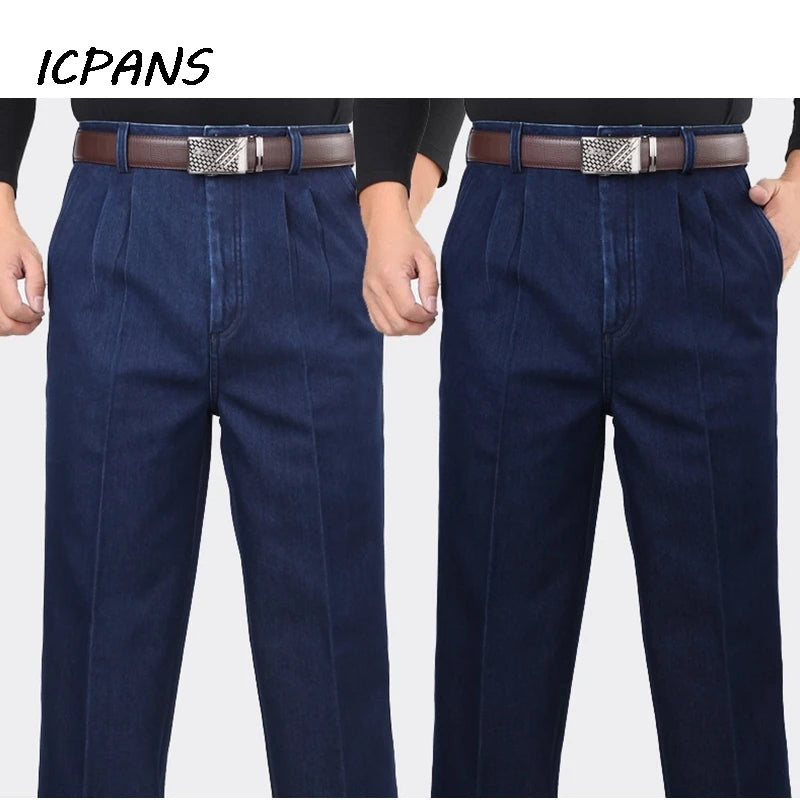 Jean en Denim taille haute pour hommes Double plissé automne printemps classique droit bleu jean hommes décontracté Broeken taille 30- 42 44 46