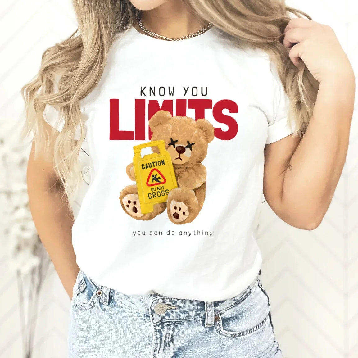 T-shirt imprimé ours en peluche pour femme, haut décontracté à col rond, t-shirts graphiques, vêtements d'été sympas