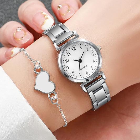 Montre à quartz compacte avec bracelet en forme de cœur pour femme, cadran rond, mode, ensemble de 4 pièces