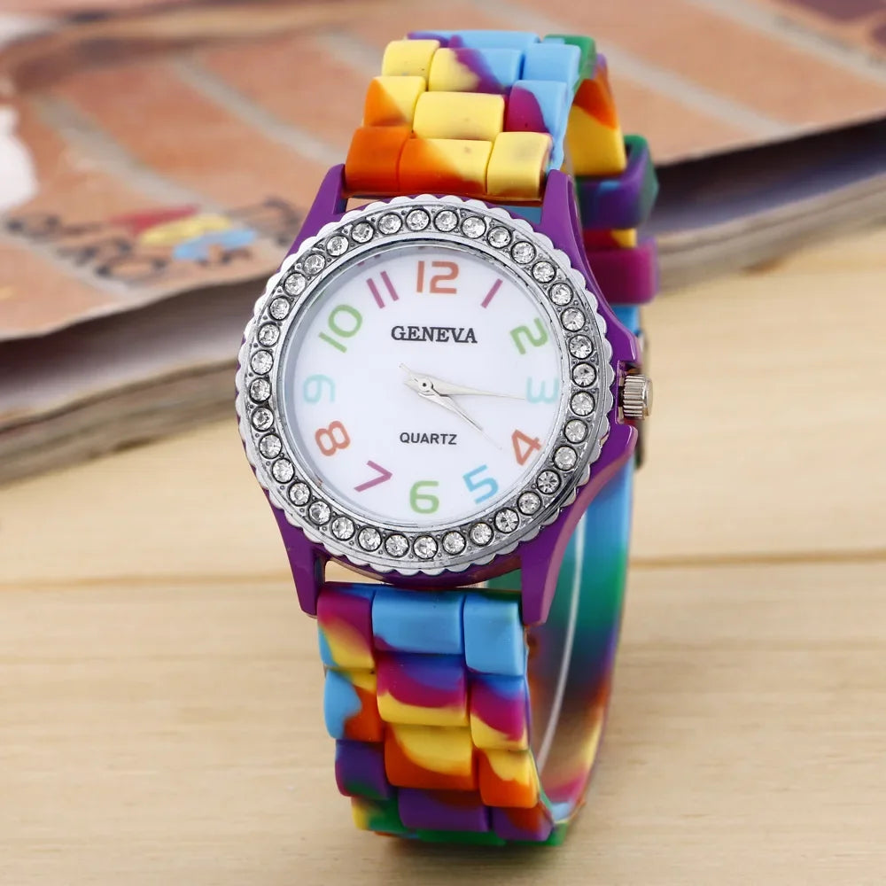 Montres de luxe pour femmes, arc-en-ciel, diamant, quartz, silicone, étanche,