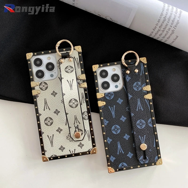 Étui carré en cuir avec dragonne pour iPhone