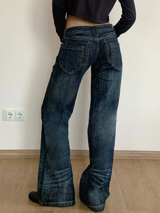 Y2K – jean Patchwork en détresse pour femme, pantalon en Denim, taille basse, jambe droite, décontracté, Vintage, mode coréenne, jean décoratif