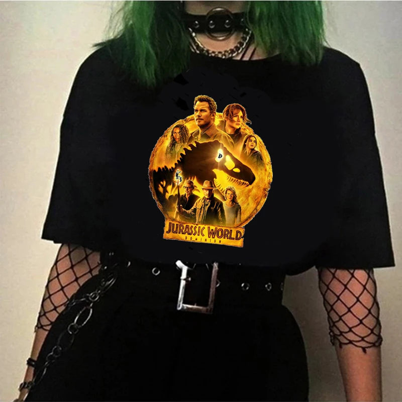 T-Shirt à Manches Courtes Blanc Vintage pour Femme, Streetwear Cool, Motif Dinosaure, Collection Estivale