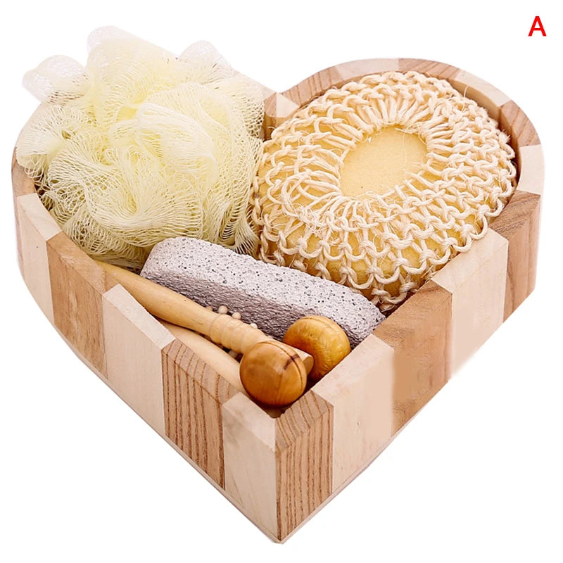 1 ensemble de coffret cadeau Spa en forme de cœur, Kit de nettoyage de la peau, cadeau de Spa pour femmes, Kit de fleurs de bain en Sisal, gants de gommage du dos, masseur