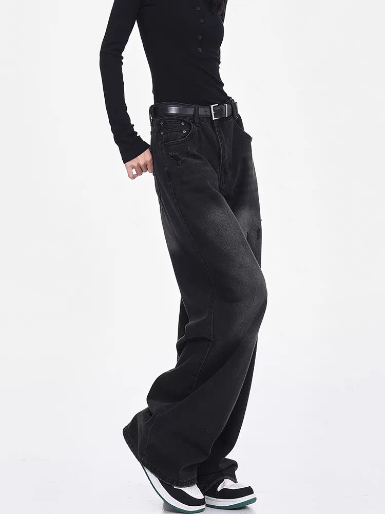 Jean noir à jambes larges pour femmes, tenue quotidienne, pantalon Vintage, bas Cool pour filles, pantalon Baggy taille haute, été