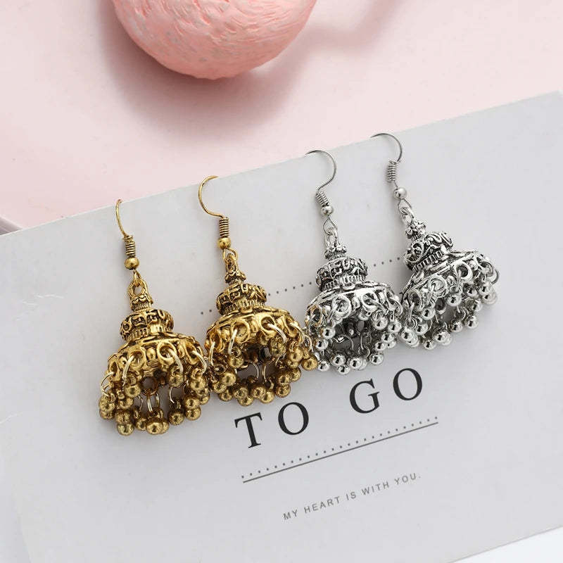 Jhumka – boucles d'oreilles tibétaines pour femmes, bijoux en alliage, couleur or argent, cloche oxydée, tribal gitane, pampilles, bijoux indiens