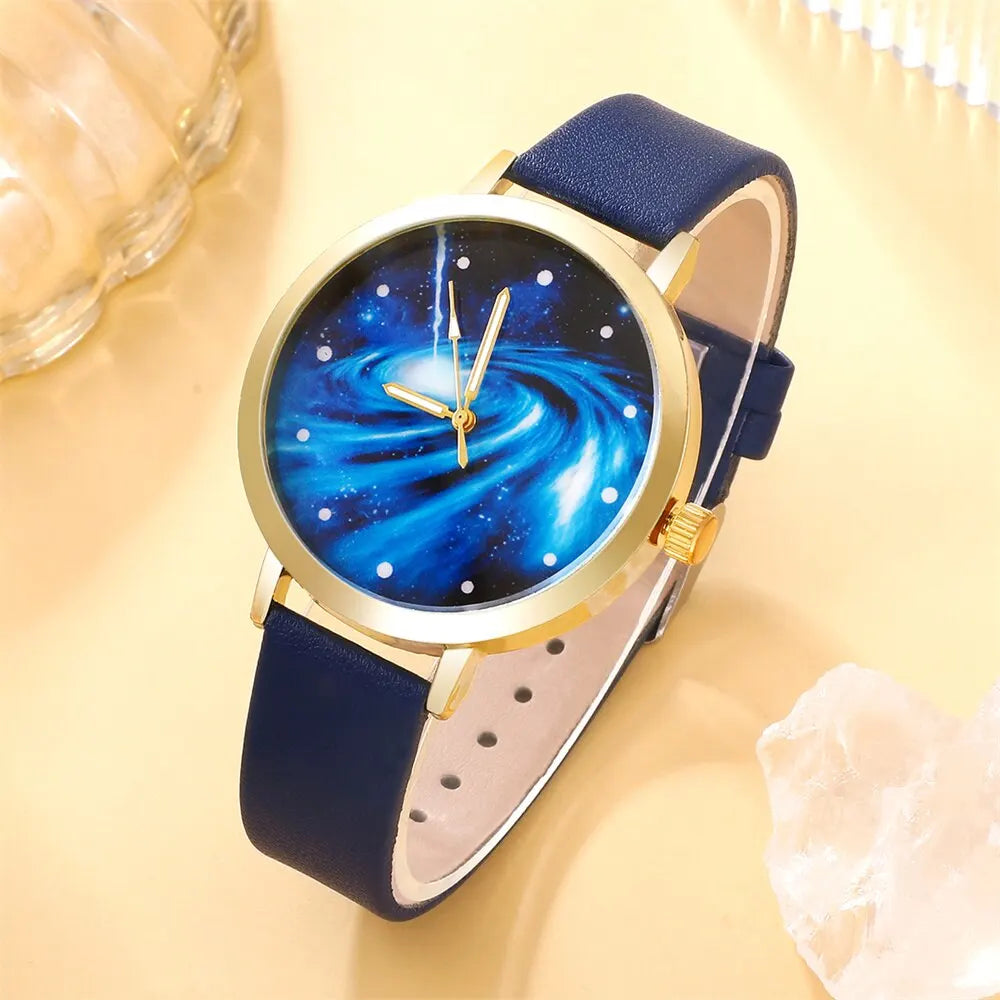 Montre à cadran ciel étoilé pour femme, design de marque, horloge, bracelet en cuir bleu, ensemble de 5 pièces
