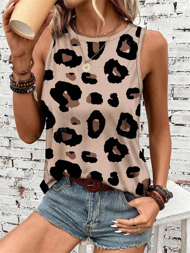 Débardeur d'été Sexy imprimé léopard en 3D pour femmes, mode col rond, gilet décontracté, épaules dénudées, Y2k, haut sans manches, Camisole, vêtements pour femmes