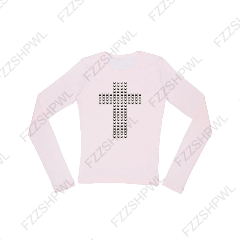 Y2K gothique esthétique femmes col incliné à manches longues T-Shirt Sexy mince Chic haut court Harajuku Rock Punk Hip Hop Hottie Streetwear