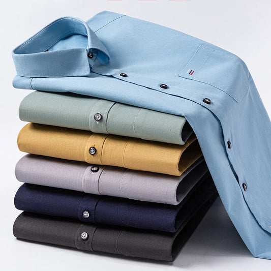 Nouveau 100% pur coton hommes chemises manches longues couleur unie doux coupe régulière chemise décontractée poche Social Blouse hommes vêtements S-7XL