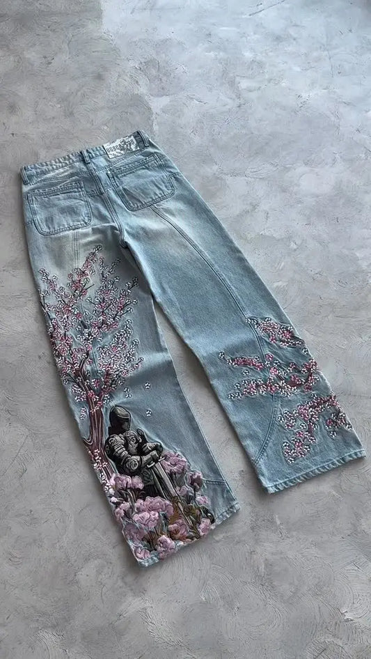 Hommes femmes cerisier fleur chevalier tout broderie Denim pantalon Y2k Vintage Baggy rue jean droit taille haute lavé bleu Jean