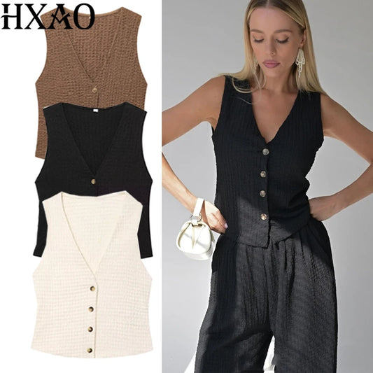 HXAO femmes deux pièces ensemble Texture pantalon ensembles sans manches gilet haut et bas ensemble femmes été Baggy pantalon ensemble 2 pièces ensembles décontractés