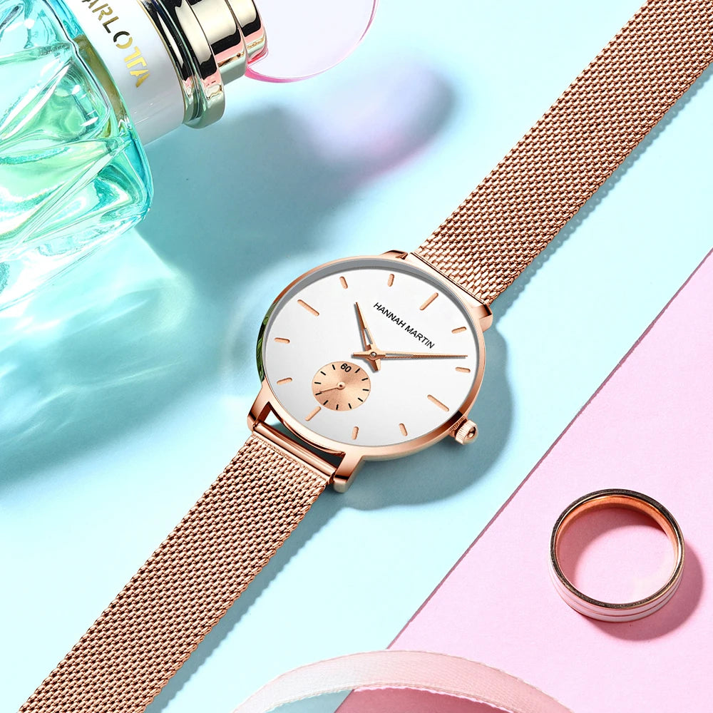 HANNAH MARTIN Top marque femmes montre 1335 synchronisation sous-cadran en acier inoxydable maille mouvement à Quartz or Rose 33mm
