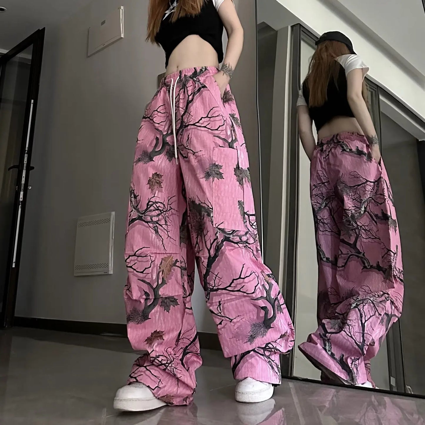 Y2k rose Graffiti impression complète pantalon causal rue Hip-hop amusant pantalon à jambes larges pour les femmes été taille haute ample et minceur Tre
