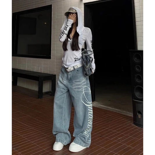 Automne femmes Y2k Baggy bleu Jean japonais années 2000 Style petit ami Jean pantalon Vintage Harajuku broderie Denim pantalon vêtements