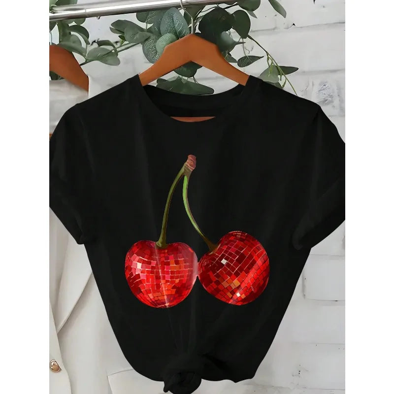 T-shirt manches courtes col rond femme, décontracté, imprimé cerise amusant, ample, à la mode et tendance, en coton