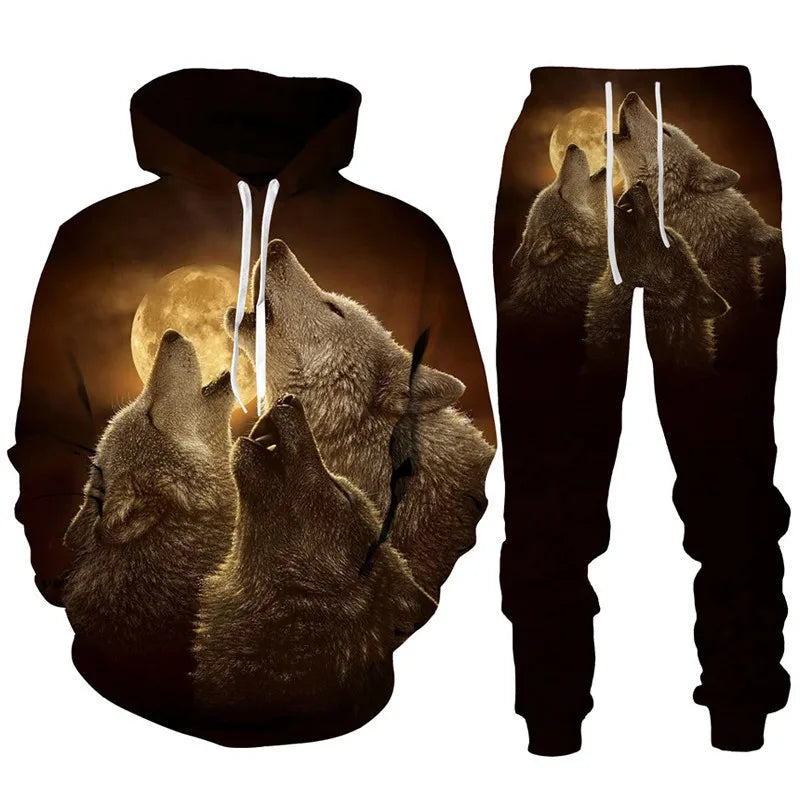 Ensemble de survêtement imprimé 3D pour hommes et femmes, sweat à capuche Cool Forest Wolf, pantalon imbibé, tenues de couple Hip Hop, personnalité High Streetwear, mode